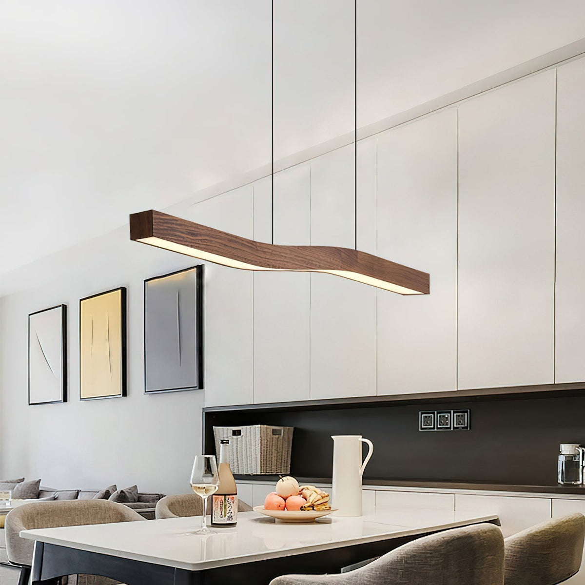 Modern Wave Pendant Light with Walnut-Finish Metal Frame & Dimmable LED for Dining Room Kitchen