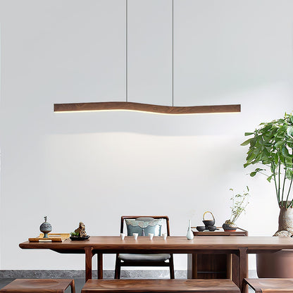 Modern Wave Pendant Light with Walnut-Finish Metal Frame & Dimmable LED for Dining Room Kitchen