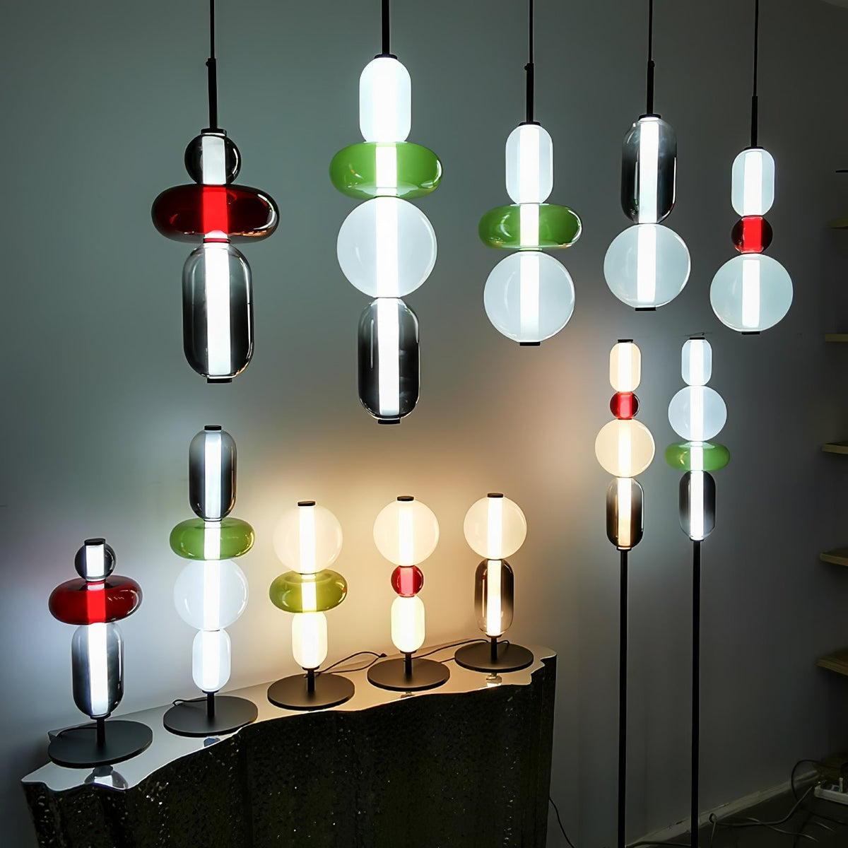 Artisan Glass Standing Lamp 63 in Red White Black Accent Light for Living Room Contemporary Sculptural Décor LED Uplight Statement Piece
