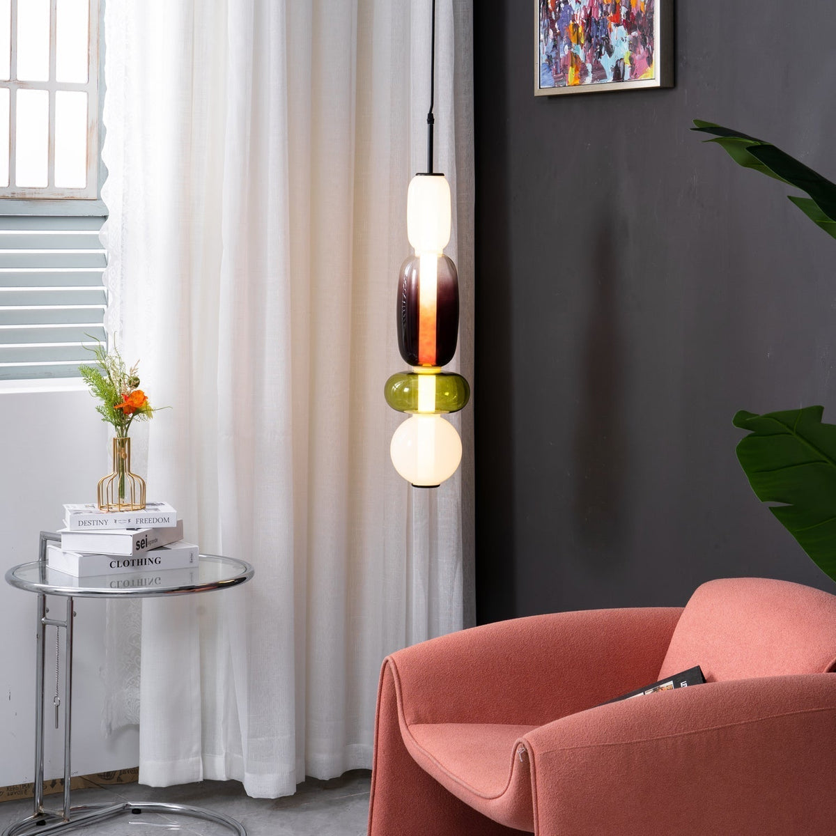 Handblown Glass Drop Pendant LED 7-inch Multi-Color Chandelier Dimmable Ceiling Light Adjustable for Kitchen Island Dining Table Living Room