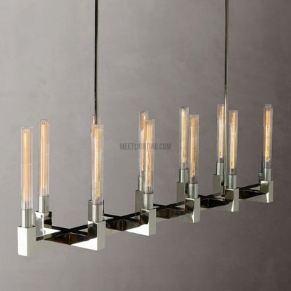 Linear Dining Room Chandelier 67 in Brass & Ribbed Glass 12-Light for Kitchen Island Entryway Foyer