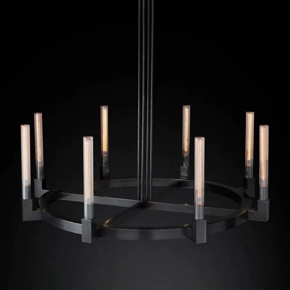 Fluted Glass Ring Chandelier 8-16 Lights Brass Nickel or Black 36-72 Inch Adjustable Height for Dining Room Foyer Living Room Large