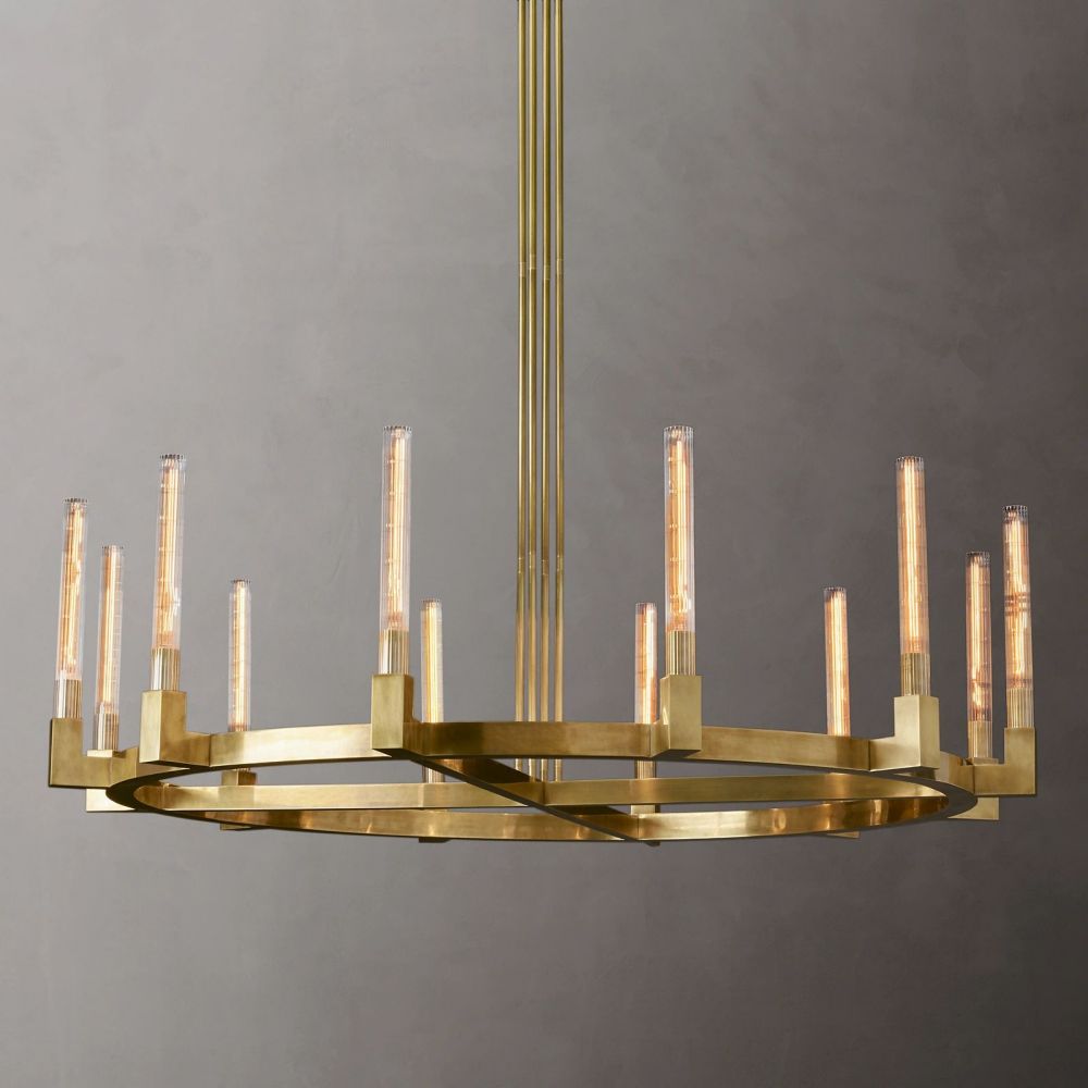 Fluted Glass Ring Chandelier 8-16 Lights Brass Nickel or Black 36-72 Inch Adjustable Height for Dining Room Foyer Living Room Large