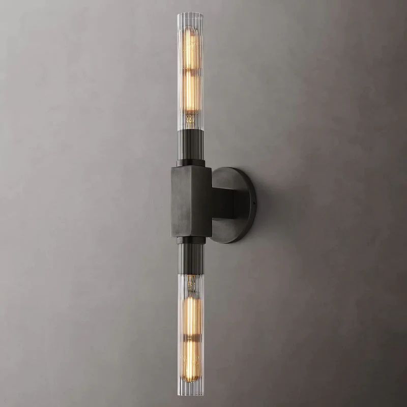 Ribbed Glass Linear Vanity Light 2-Bulb Brass Wall Fixture for Bathroom Living Room Bedroom Hallway