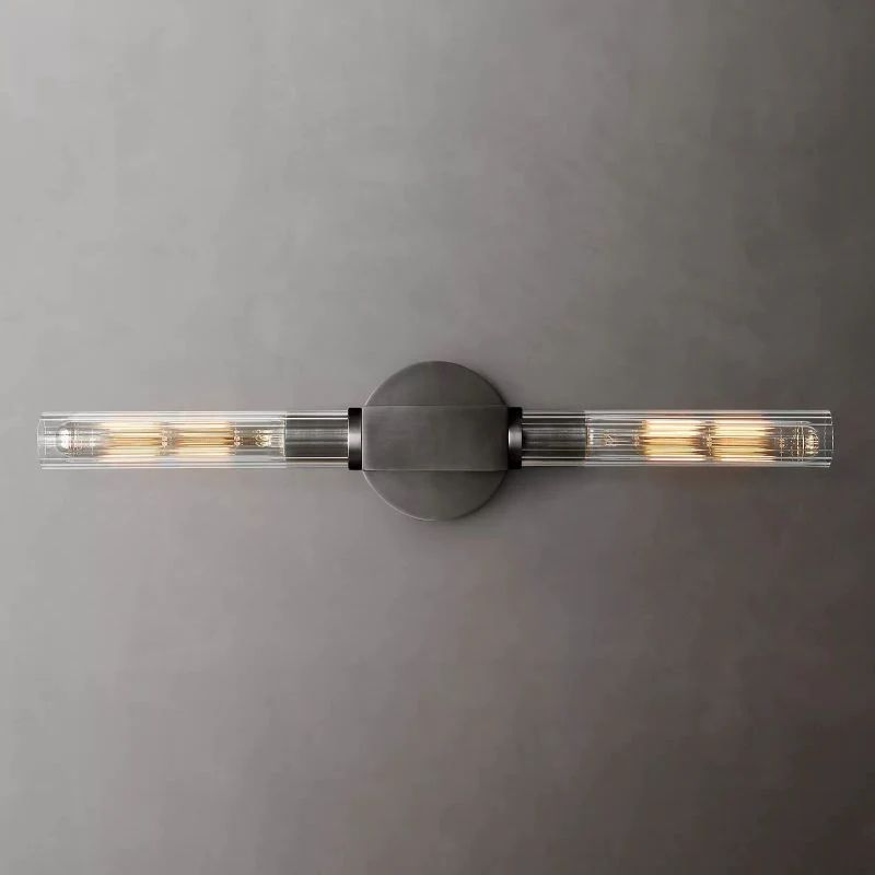 Ribbed Glass Linear Vanity Light 2-Bulb Brass Wall Fixture for Bathroom Living Room Bedroom Hallway