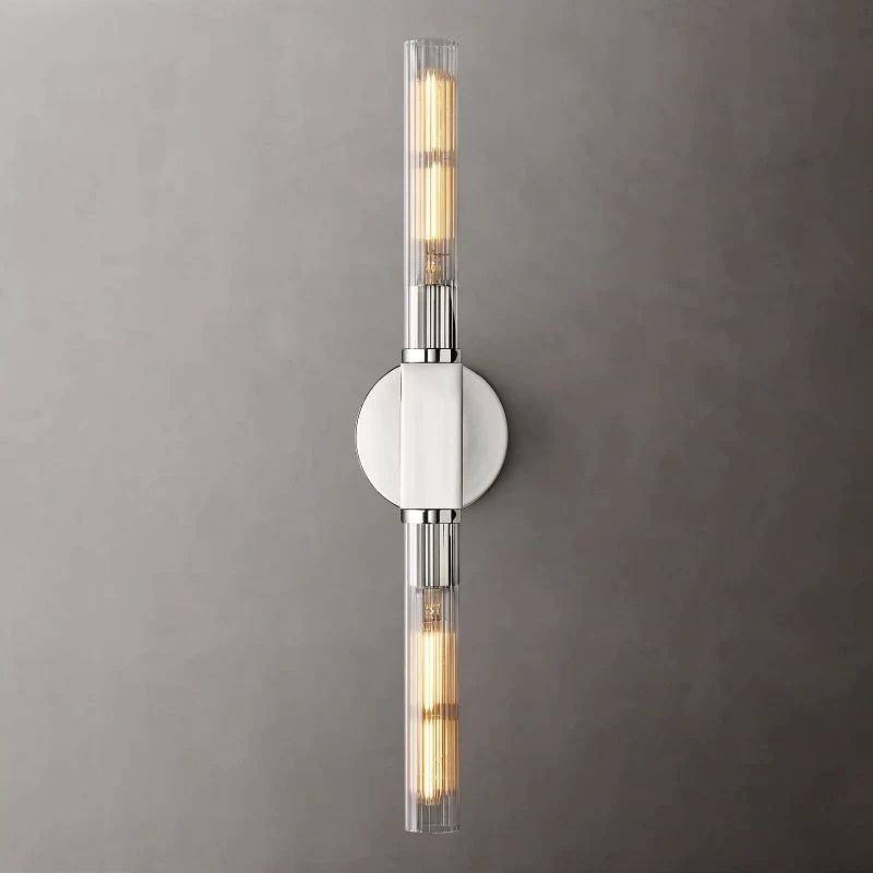Ribbed Glass Linear Vanity Light 2-Bulb Brass Wall Fixture for Bathroom Living Room Bedroom Hallway
