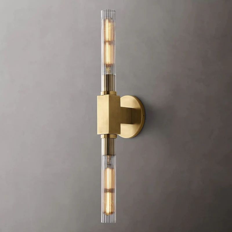 Ribbed Glass Linear Vanity Light 2-Bulb Brass Wall Fixture for Bathroom Living Room Bedroom Hallway
