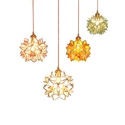 Glass Globe Ceiling Light with Floral Detail, 8-Inch Brass Hanging Fixture for Dining Room & Bedroom Ambient Lighting
