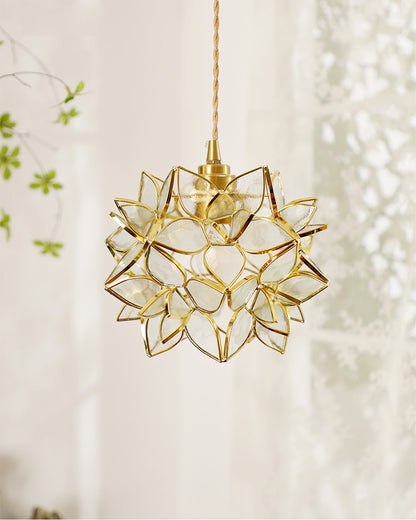Glass Globe Ceiling Light with Floral Detail, 8-Inch Brass Hanging Fixture for Dining Room & Bedroom Ambient Lighting