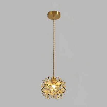Glass Globe Ceiling Light with Floral Detail, 8-Inch Brass Hanging Fixture for Dining Room & Bedroom Ambient Lighting