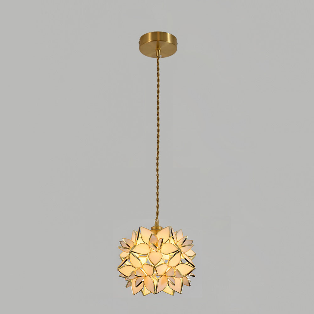 Glass Globe Ceiling Light with Floral Detail, 8-Inch Brass Hanging Fixture for Dining Room & Bedroom Ambient Lighting