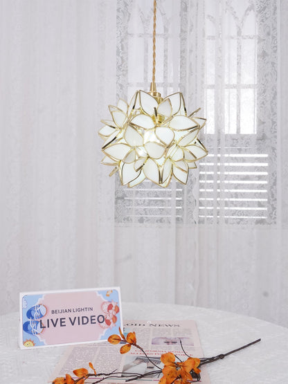 Glass Globe Ceiling Light with Floral Detail, 8-Inch Brass Hanging Fixture for Dining Room & Bedroom Ambient Lighting
