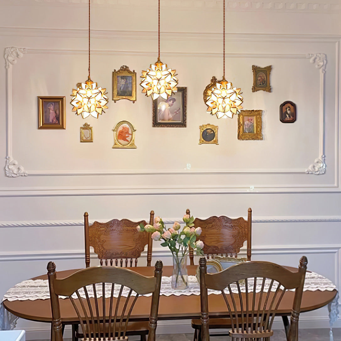 Glass Globe Ceiling Light with Floral Detail, 8-Inch Brass Hanging Fixture for Dining Room & Bedroom Ambient Lighting
