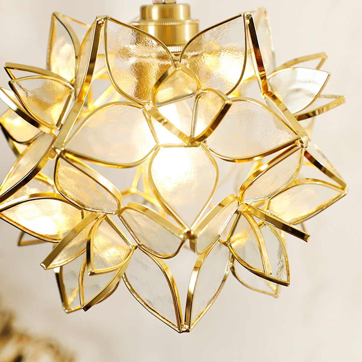 Glass Globe Ceiling Light with Floral Detail, 8-Inch Brass Hanging Fixture for Dining Room & Bedroom Ambient Lighting