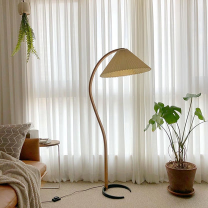 Arched Wood Reading Lamp with Fabric Shade 59 in Tall Modern Over-Sofa Light Natural Finish for Living Rooms Bedrooms Minimalist Standing La