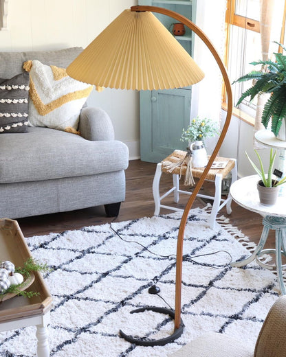 Arched Wood Reading Lamp with Fabric Shade 59 in Tall Modern Over-Sofa Light Natural Finish for Living Rooms Bedrooms Minimalist Standing La