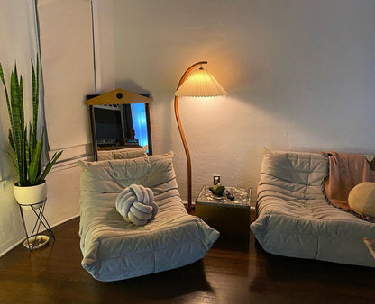 Arched Wood Reading Lamp with Fabric Shade 59 in Tall Modern Over-Sofa Light Natural Finish for Living Rooms Bedrooms Minimalist Standing La