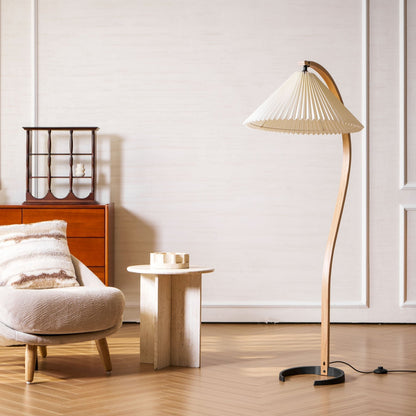 Arched Wood Reading Lamp with Fabric Shade 59 in Tall Modern Over-Sofa Light Natural Finish for Living Rooms Bedrooms Minimalist Standing La