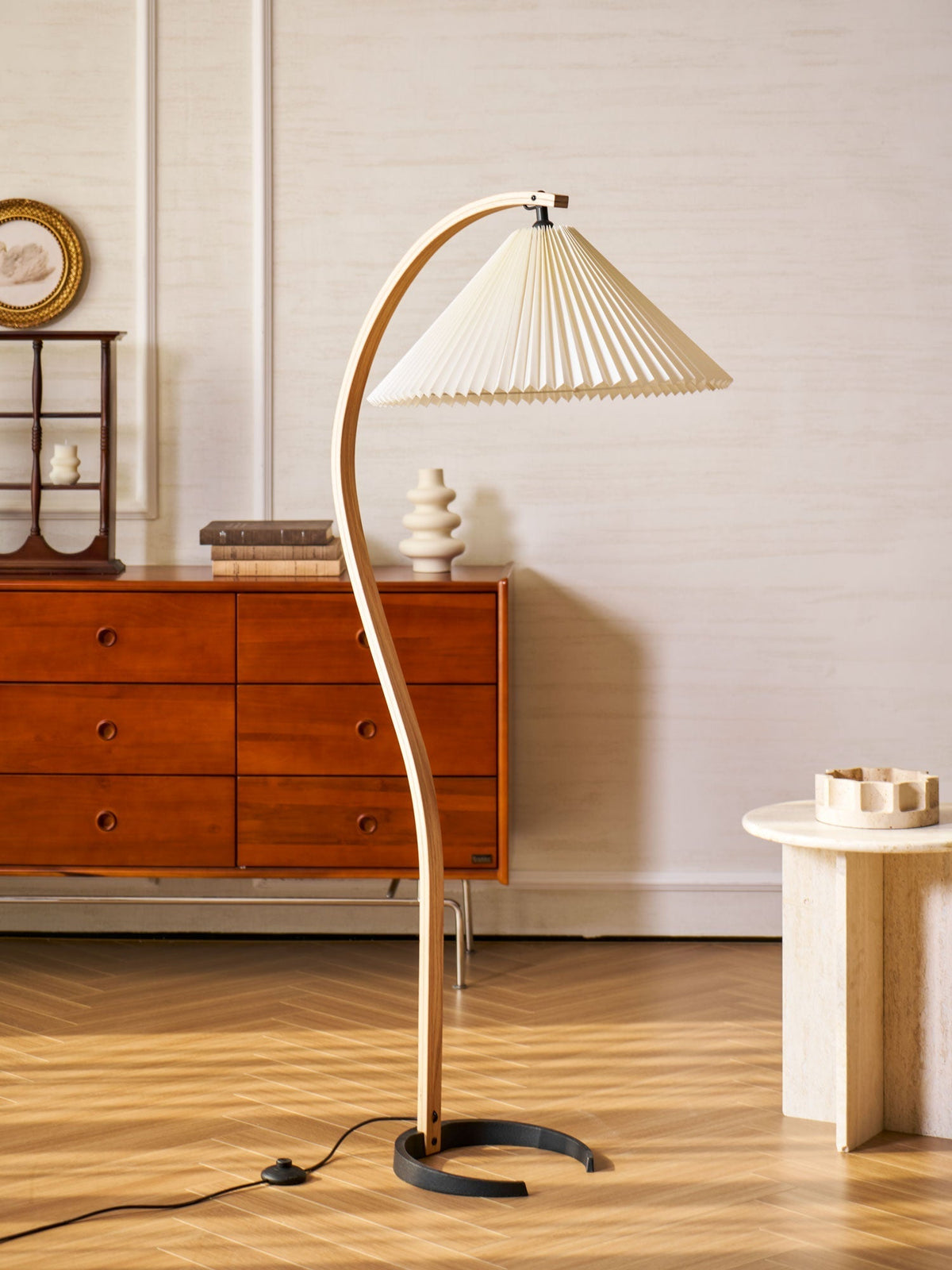 Arched Wood Reading Lamp with Fabric Shade 59 in Tall Modern Over-Sofa Light Natural Finish for Living Rooms Bedrooms Minimalist Standing La