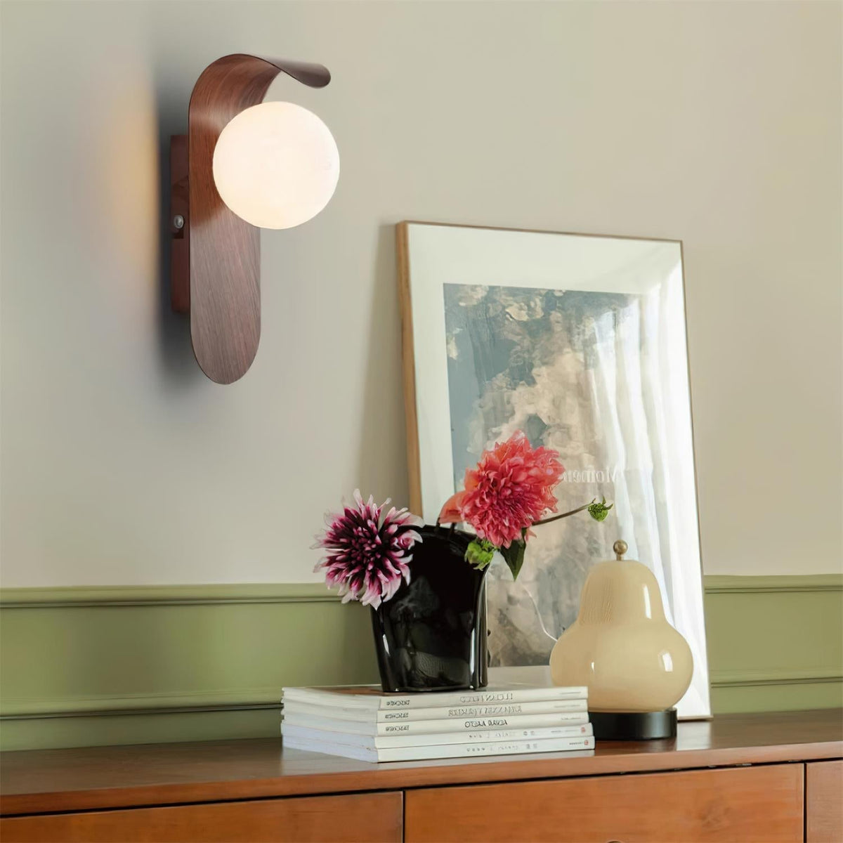 Spherical Sconce with Timber Accent – Frosted Orb Fixture for Bathrooms, Hallways & Bedrooms – Dimmable G9 Base