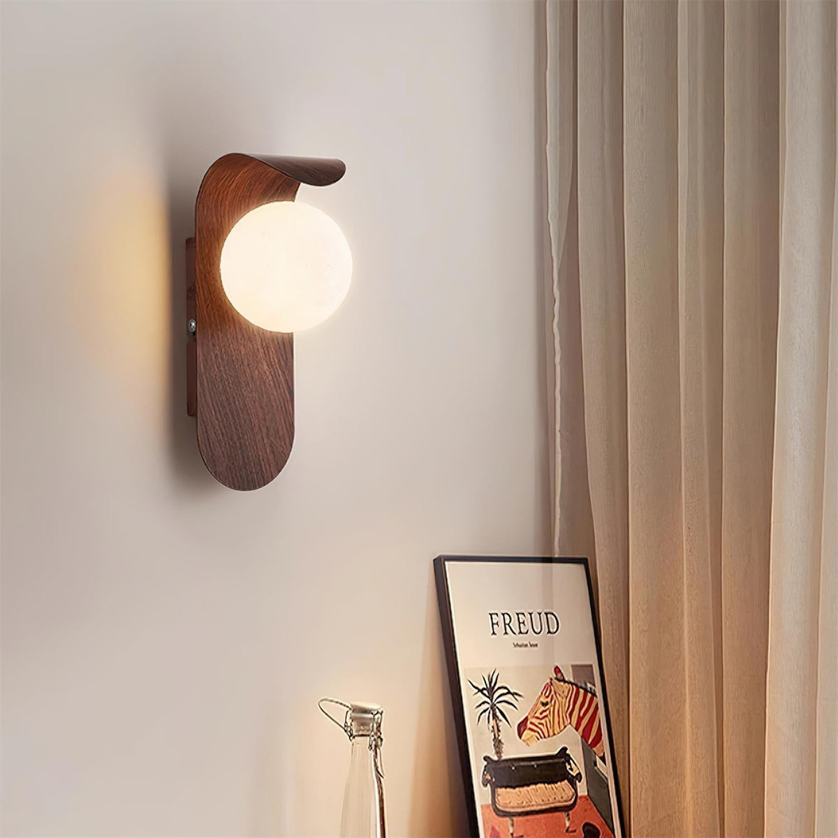 Contemporary Wood-Finish Wall Sconce with Glass or Acrylic Globe Shade for Living Room & Bedroom