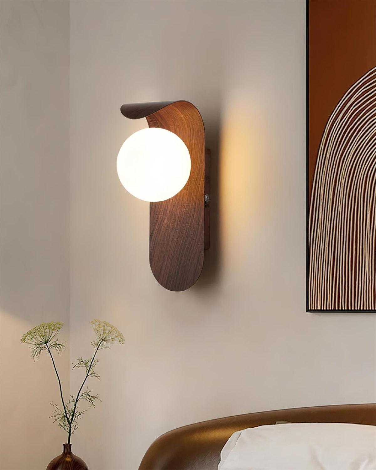 Spherical Sconce with Timber Accent – Frosted Orb Fixture for Bathrooms, Hallways & Bedrooms – Dimmable G9 Base