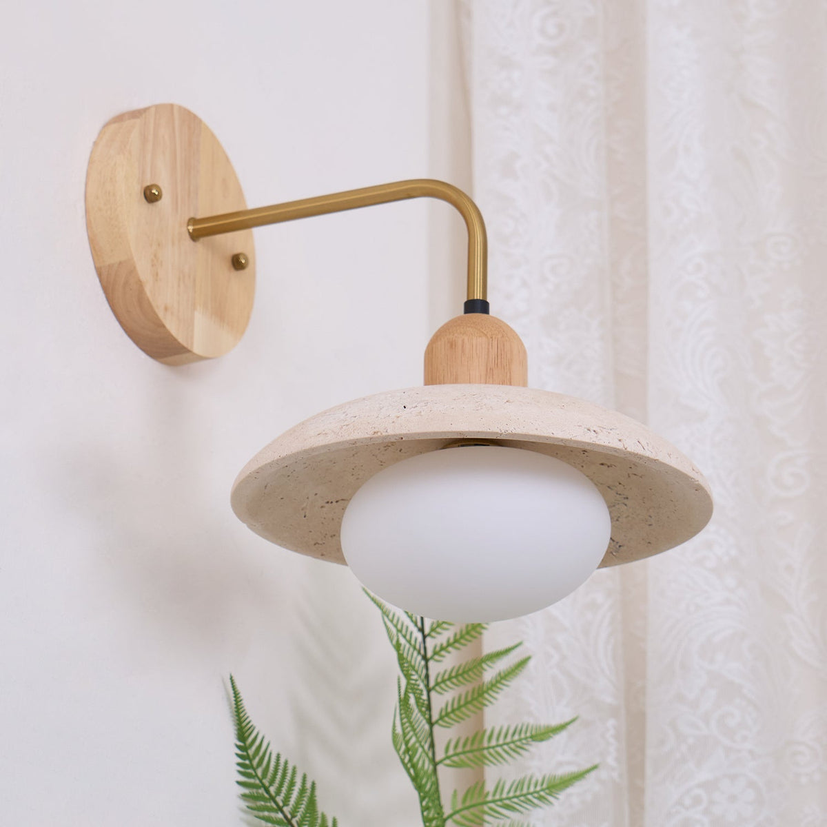 Curved Stone Sconce with Mixed-Material Arm for Bedside & Bath Vanity Reading Light Warm Organic Bedroom Hallway Entryway Accent