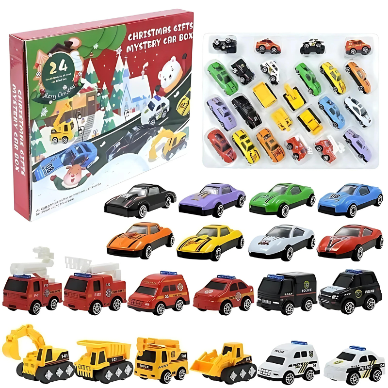Holiday Countdown Calendar 24 Mini Vehicles Daily Reveal December Surprise Box Kids 10 in Multi-Theme Play Set Christmas Gift Children Toy