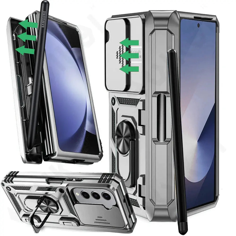 Protective Foldable Phone Case with Sliding Camera Guard, Ring Stand & Stylus Slot for Samsung Galaxy Z Fold 7, Z Fold 6, Z Fold 5