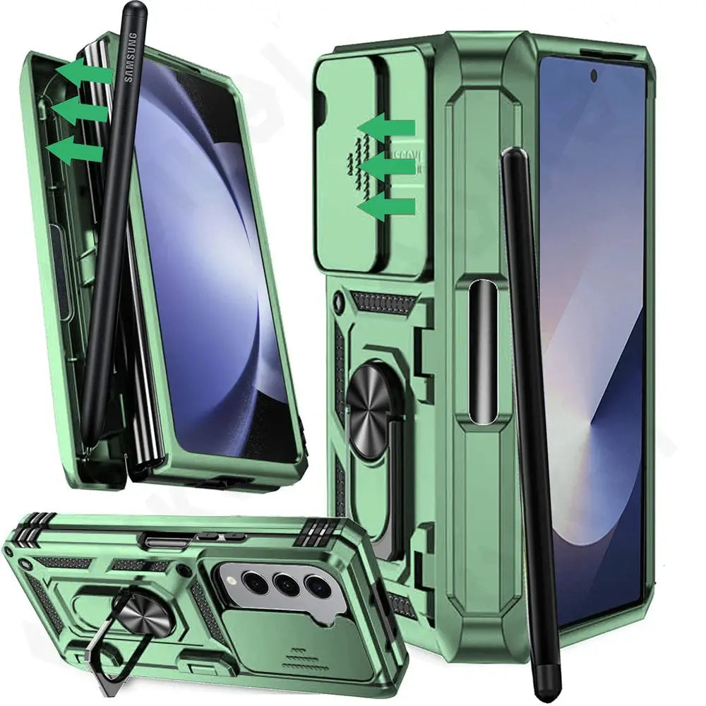 Protective Foldable Phone Case with Sliding Camera Guard, Ring Stand & Stylus Slot for Samsung Galaxy Z Fold 7, Z Fold 6, Z Fold 5