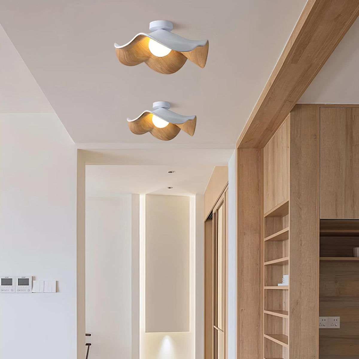 Flush Mount Light Fixture 11 in Resin Wood-Look Finish for Bathroom Hallway Entryway Wall or Ceiling Modern Low Profile Ambient Lighting G9