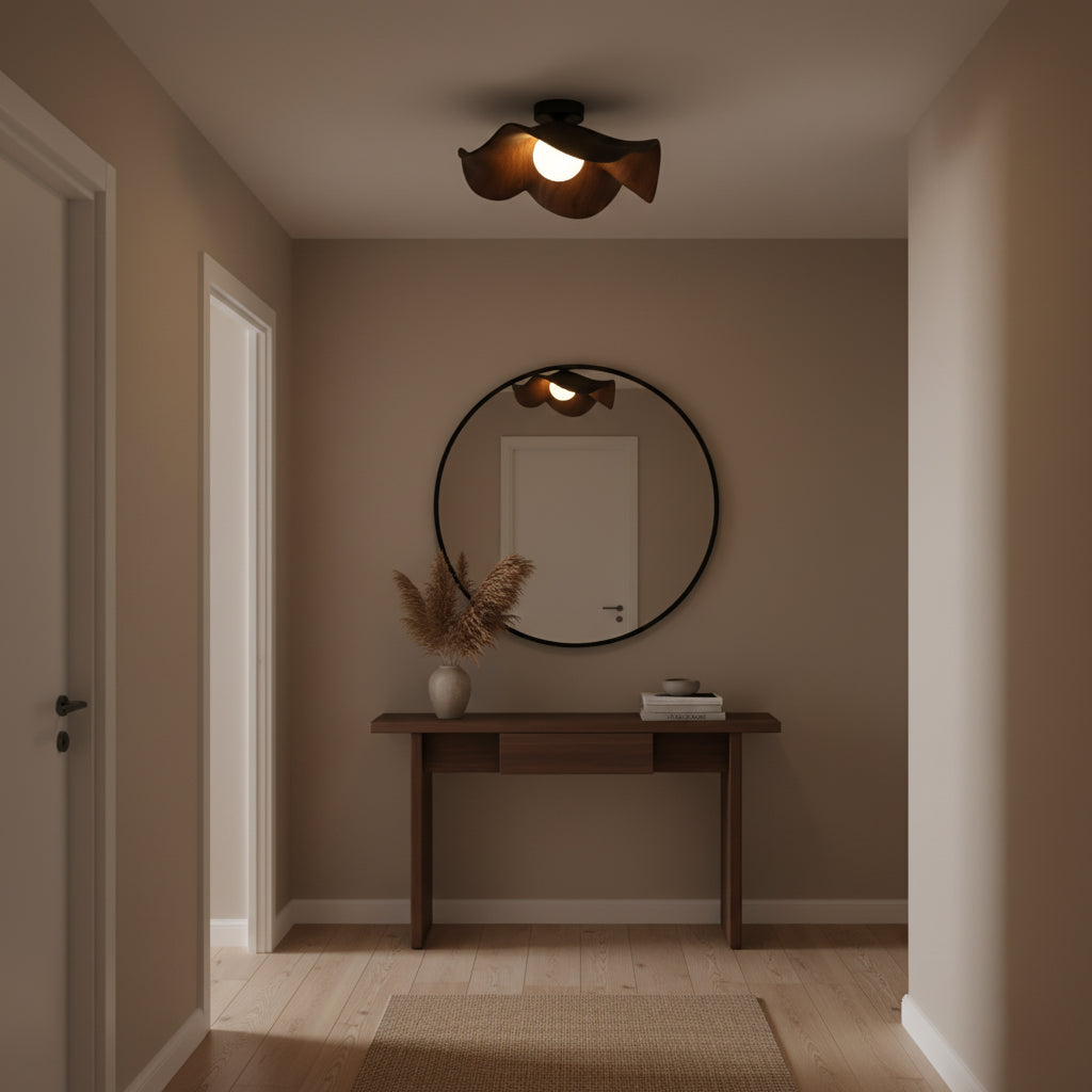 Flush Mount Light Fixture 11 in Resin Wood-Look Finish for Bathroom Hallway Entryway Wall or Ceiling Modern Low Profile Ambient Lighting G9