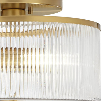 Dual-Socket Flush-Mount Fixture 14 Inch Black Brass Ribbed Glass Shade Hardwired Semi-Flush Overhead Light for Bedroom Entryway Dining Room