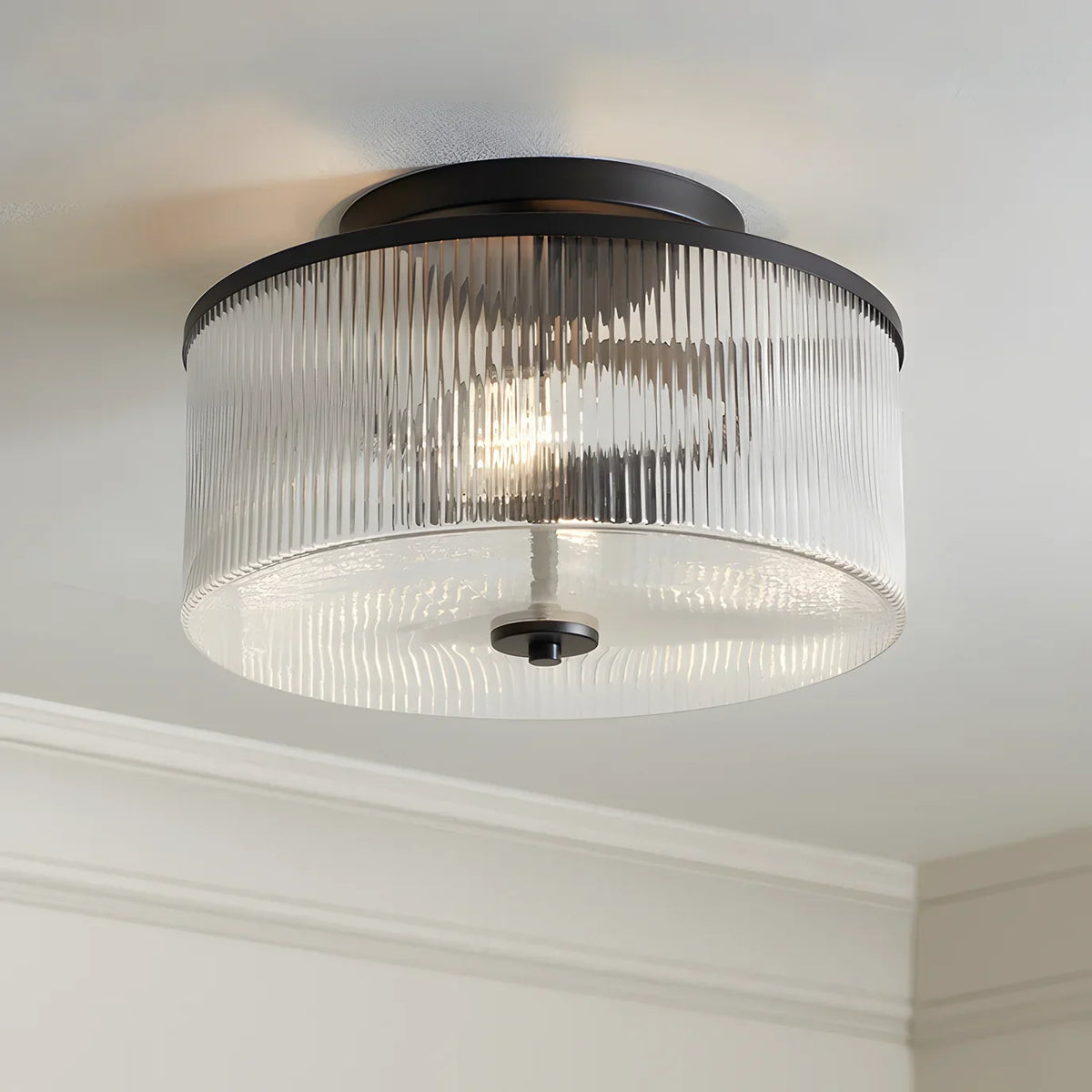 Dual-Socket Flush-Mount Fixture 14 Inch Black Brass Ribbed Glass Shade Hardwired Semi-Flush Overhead Light for Bedroom Entryway Dining Room