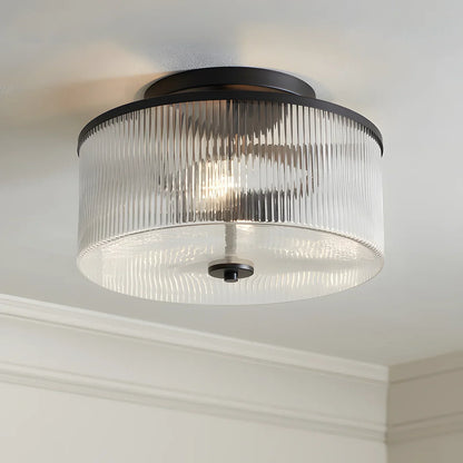 Dual-Socket Flush-Mount Fixture 14 Inch Black Brass Ribbed Glass Shade Hardwired Semi-Flush Overhead Light for Bedroom Entryway Dining Room
