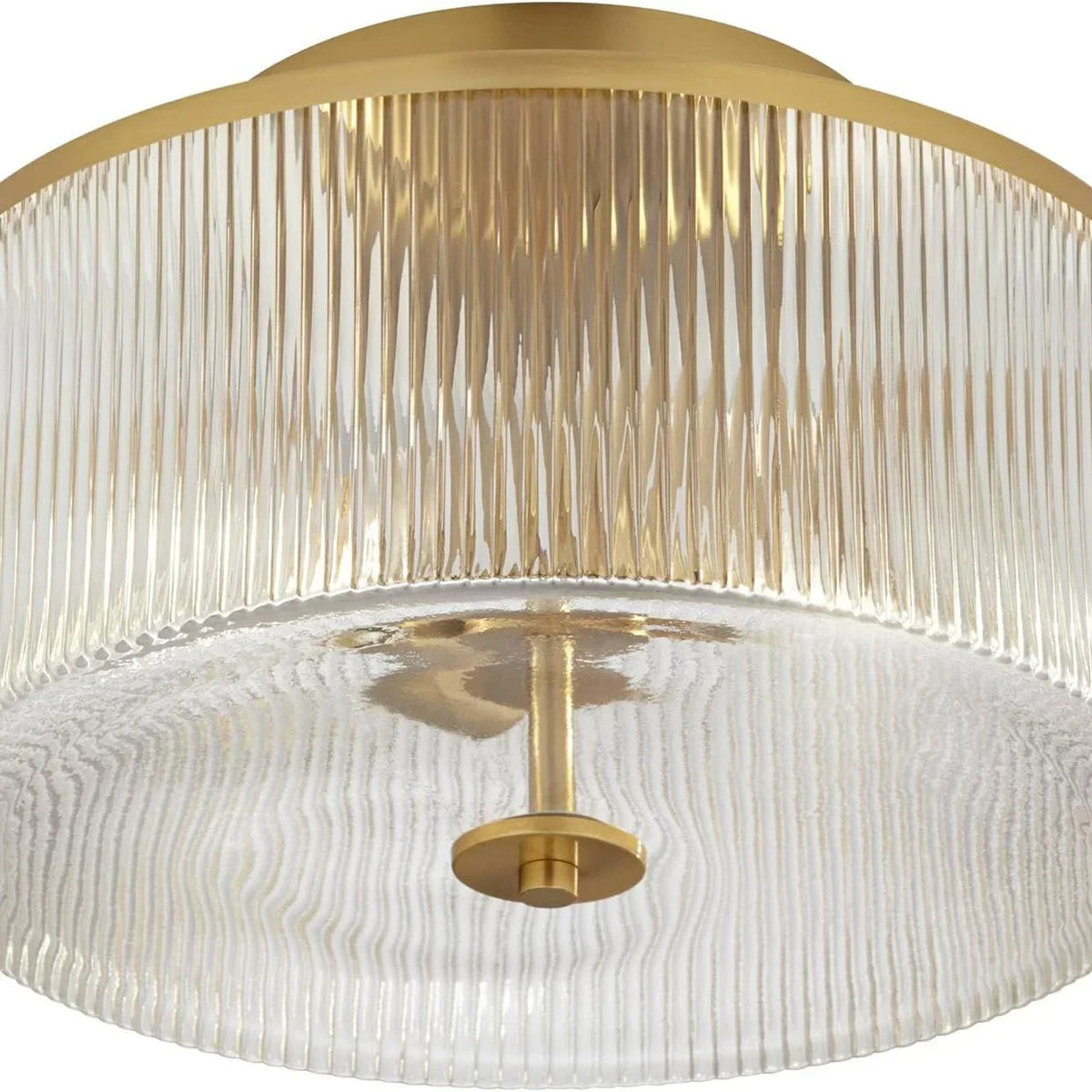 Dual-Socket Flush-Mount Fixture 14 Inch Black Brass Ribbed Glass Shade Hardwired Semi-Flush Overhead Light for Bedroom Entryway Dining Room