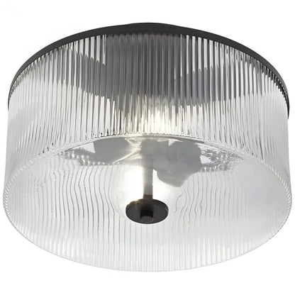 Dual-Socket Flush-Mount Fixture 14 Inch Black Brass Ribbed Glass Shade Hardwired Semi-Flush Overhead Light for Bedroom Entryway Dining Room