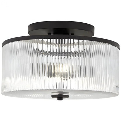 Dual-Socket Flush-Mount Fixture 14 Inch Black Brass Ribbed Glass Shade Hardwired Semi-Flush Overhead Light for Bedroom Entryway Dining Room
