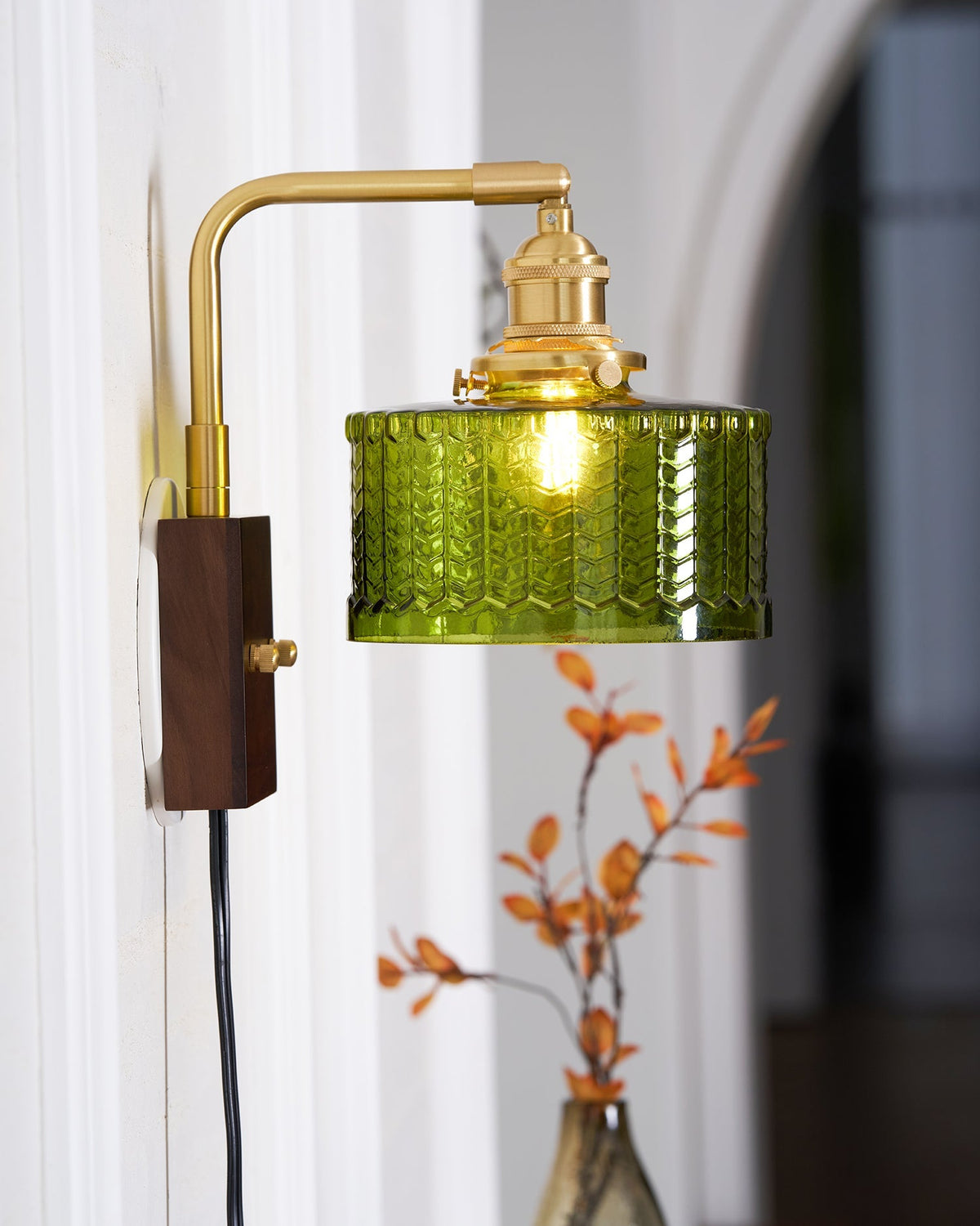 Handcrafted Wooden Sconce with Brass Accents and Emerald Fishscale Glass Shade for Hallway Bedroom Bathroom Ambient Lighting