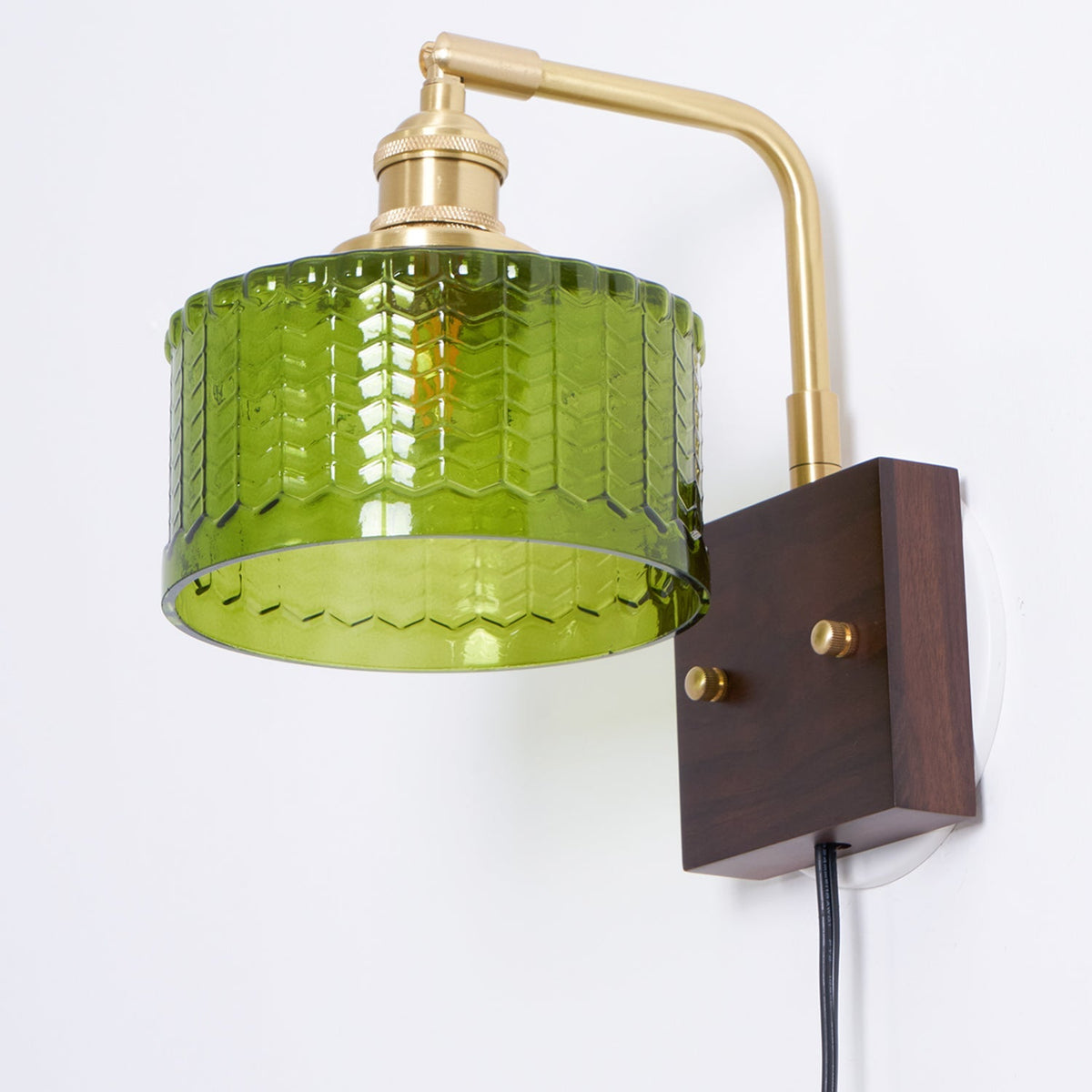 Handcrafted Wooden Sconce with Brass Accents and Emerald Fishscale Glass Shade for Hallway Bedroom Bathroom Ambient Lighting