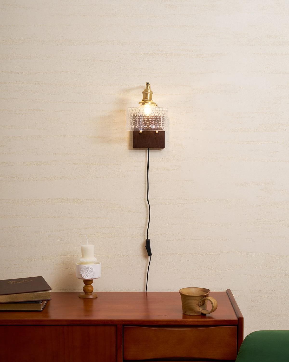 Handcrafted Wooden Sconce with Brass Accents and Emerald Fishscale Glass Shade for Hallway Bedroom Bathroom Ambient Lighting