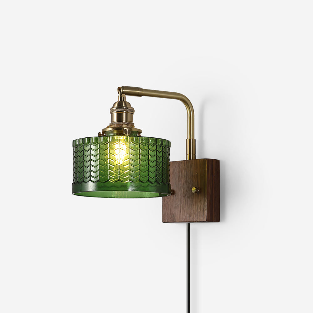 Handcrafted Wooden Sconce with Brass Accents and Emerald Fishscale Glass Shade for Hallway Bedroom Bathroom Ambient Lighting