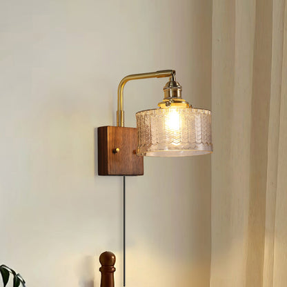 Handcrafted Wooden Sconce with Brass Accents and Emerald Fishscale Glass Shade for Hallway Bedroom Bathroom Ambient Lighting