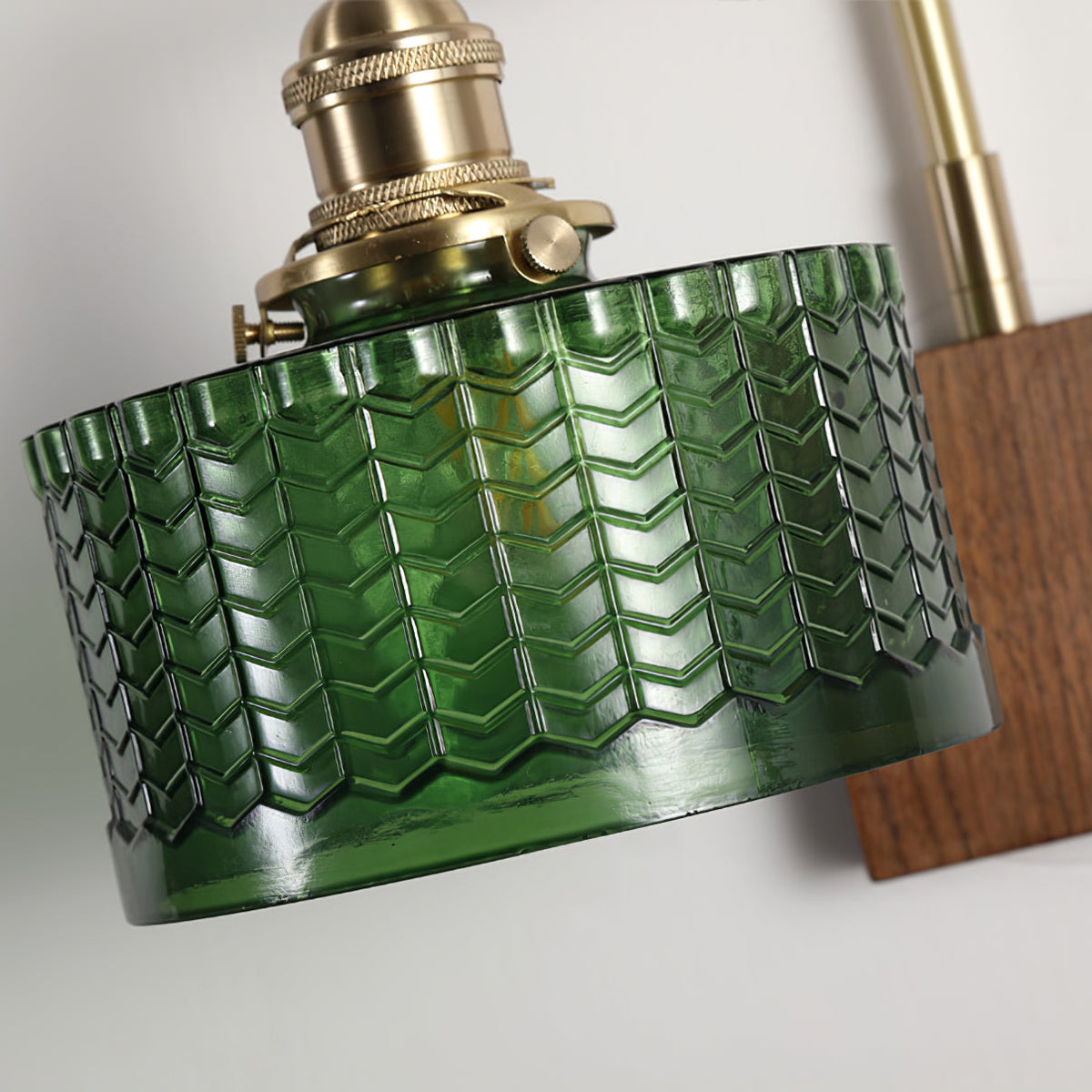 Handcrafted Wooden Sconce with Brass Accents and Emerald Fishscale Glass Shade for Hallway Bedroom Bathroom Ambient Lighting