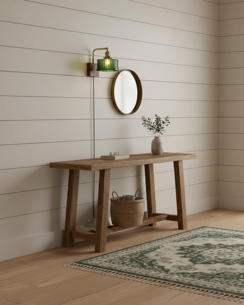 Handcrafted Wooden Sconce with Brass Accents and Emerald Fishscale Glass Shade for Hallway Bedroom Bathroom Ambient Lighting