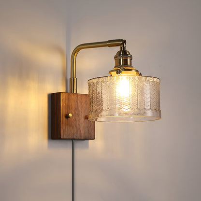 Handcrafted Wooden Sconce with Brass Accents and Emerald Fishscale Glass Shade for Hallway Bedroom Bathroom Ambient Lighting