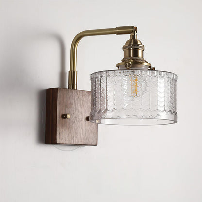 Handcrafted Wall Sconce with Textured Glass Shade & Natural Wood Bracket for Living Room, Bedroom, Hallway