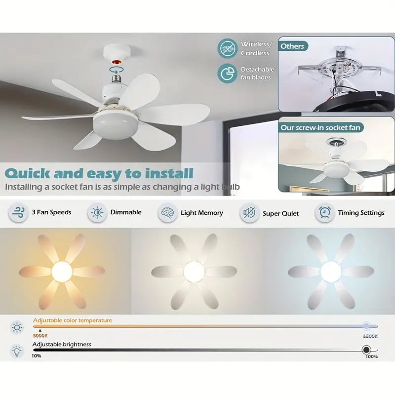 Ceiling Fans with Lights | Portable Fan & Light Combo with Remote Control | Easy Installation for Instant Comfort