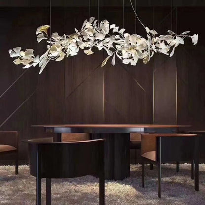 Handcrafted Porcelain Leaf Chandelier – Organic Linear Design with Warm LED Glow for Dining Room, Living Room & Entryway