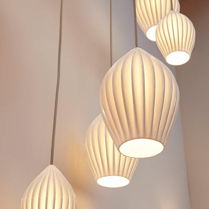 Ceramic Hanging Light Fixture White Ribbed Shade E14 Socket for Kitchen Island Dining Room Table Ceiling Adjustable Cord
